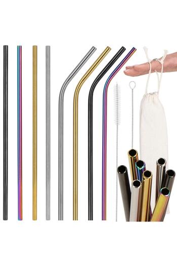 SERSIMO Set of 8 multi-colored metal straws, reusable, with storage case and cleaning brush, 215x6 mm