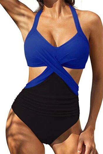Mixbo Swimsuit, One-piece, Cutout, Black and Blue, Mixbo, size S