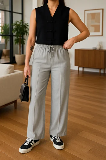 My Blog Gray Color 100% Linen Palazzo Trousers 3455
