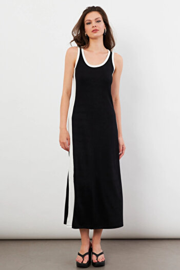 Cool & Sexy Women's Black Color Block Slit Midi Dress Ug105
