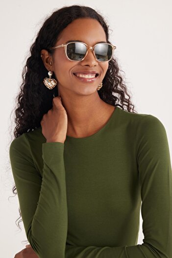 Tudors Women's Slim Fit Slim Fit Long Sleeve Crew Neck Back Detailed Green Viscose Blouse