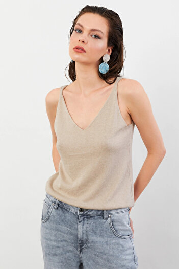 Cool & Sexy Women's Stone V-Neck Knitwear Blouse Kz546