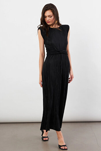 Cool & Sexy Women's Black Padded Pleated Lined Midi Dress Dmr436