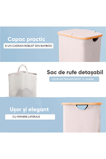 Elindor Coș de rufe pliabil din bambus, cu capac și geantă detașabilă, 100 L, 74 x 41 x 33 cm, bej