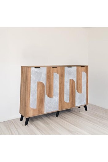 BAITY Wide Shoe Cabinet - Malaysian Wood, 5 Shelves, Wooden & Gray