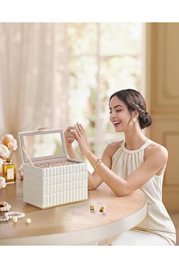 SONGMICS Jewelry box 17x28x21 cm, 4 tiers, mirror, velvet lining, white PU leather