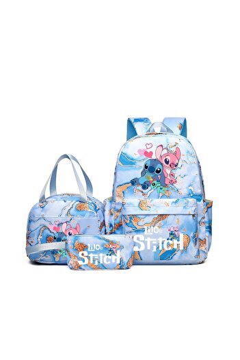 Choice5 Stitch-Blue-A 3Pcs Stitch Print Backpack Set, With Tote and Pouch, Large Capacity Lightweight And Br