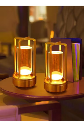 Taimi Pack Of 2 Crystal Lantern Table Lamp, Modern Wireless Rechargeable, Dimmable Night Light,Gold