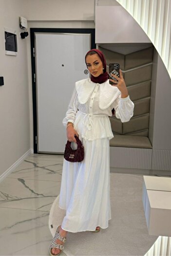 megapol Women's White Lily Fabric Collar Detailed Hijab Suit