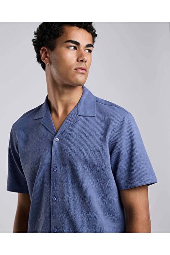 R&B Textured Shirt with Revere Collar and Short Sleeves