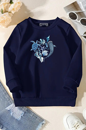 VBSVİBES Unisex Navy Blue Kids Crew Neck Sweatshirt – Sea Animals, Printed Thick Fabric