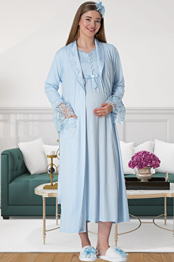 Mavelle Women's Lace Detailed Maternity Maternity Dressing Gown Nightgown Set 5417