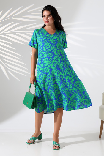 LİKAPA Summer Plus Size Viscose V-Neck Short Sleeve Dress 2688