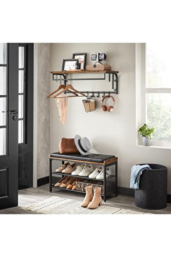 VASAGLE Wall coat rack with storage shelf, 5 hooks, 30x80x27 cm, rustic brown