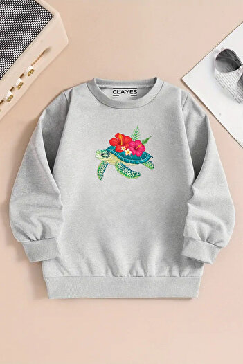 VBSVİBES Children's Gray Crew Neck Sweatshirt – Turtleflower Printed, Thick Fabric with Embossing