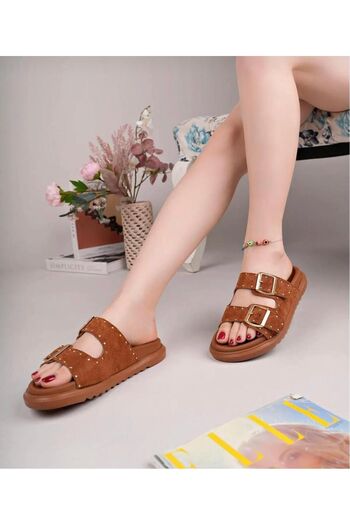 Raynok Women's Suede Double Striped Tropical Comfortable Orthopedic Sole Slippers Brown