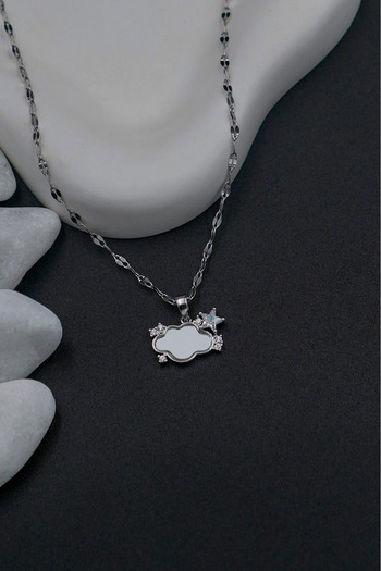 The Collection Silver Stainless Steel Women's Necklace with Cloud and Star Figures Zircon Stone
