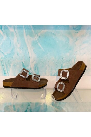 Nexs Mahcerys Women's Stoned Double Buckle Tan Slippers (Not Wear in Water)