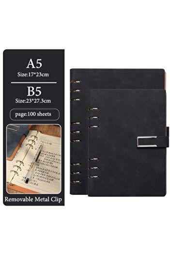 Choice A5 Black A5/B5 Loose-Leaf Notebook,Simple Business Soft Leather Cover,Removable Metal Clip,100 Sheet