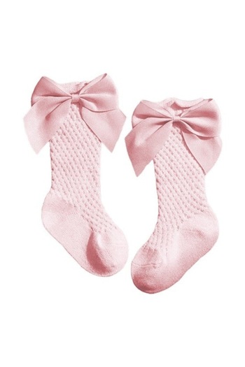 Mixbo Long Socks for Girls, Satin Bows, Cotton, Pink