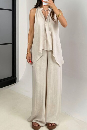 Suziş Boyundan Tie-Up Asymmetric Cut Bluz Pant Suit 51182