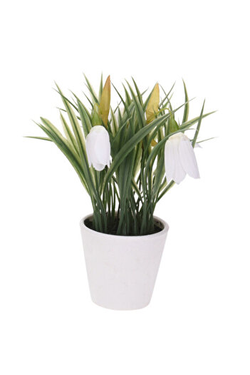 Koopman Planta artificiala Spring Lalea, Azay Design, flori albe de primavara in ghiveci alb inaltime 21cm