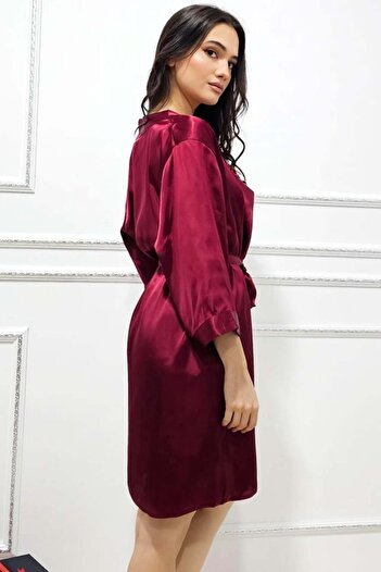 FashionForYou Three-piece satin set, Alisia, robe, shorts, and top with lace inserts, Grena