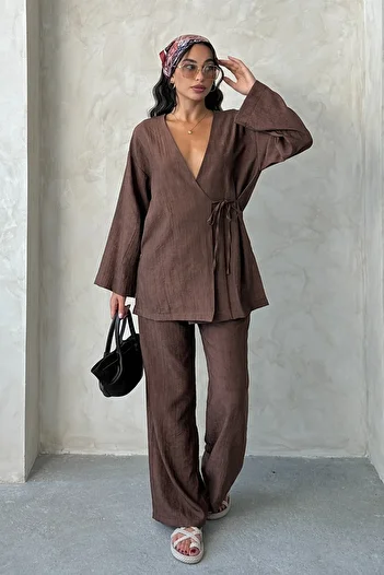 MD trend Women's Tie-Up Slit Kimono Pants Set