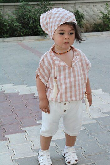 Z KİDS Cream Checkered Tasseled Children's Baby Suit
