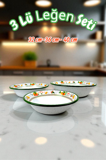 İnci Emaye 32 Cm-36 Cm-40 cm 3-Piece Enamel Basin Whisk and Mixing Bowl, Dough Basin, Fruit Bowl, Dowry, Gift,
