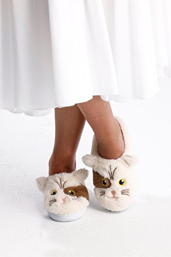 NOVİNS Comfortable Flexible Sole Washable House Slippers with Plush Cat Figure Dowry Slippers