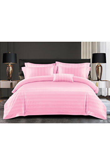 FIONNA.RO Fine Damask Bed Linen With Wide Striped Elastic - Candy Pink