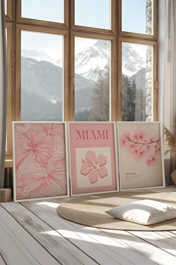 Postifull White Painting Set, 3 Pieces White Framed Poster Miami Model No:300799, Pink Wall Decor