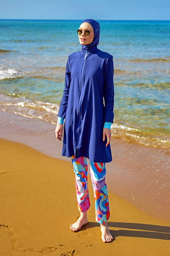 Marina Navy Blue Full Covered Hijab Swimsuit – M2505 with Water Drain and Dominant Collar