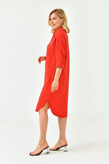 enmodaiçgiyim Pomegranate Color 100% Cotton Muslin Woven Fabric Buttoned Long Sleeve Women's Shirt Dress