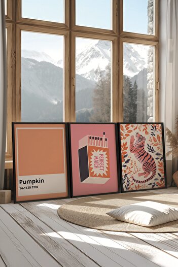 Postifull Black Painting Set, 3 Pieces Black Framed Poster Tiger Model No:300897, Orange Wall Decor