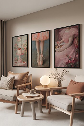 Postifull Black Painting Set, 3 Pieces Black Framed Poster Strawberry Cake Model No:300892, Pink Wall Decor