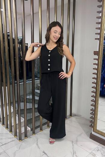 By Saygı Women's V-Neck Button Front Blouse Elastic Waist Pocket Palazzo Pants Ayrobin 2 Piece Set