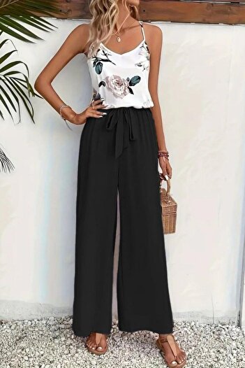 Mossta Patterned Strap Blouse Tie Wide Leg Pants Double Set - Black