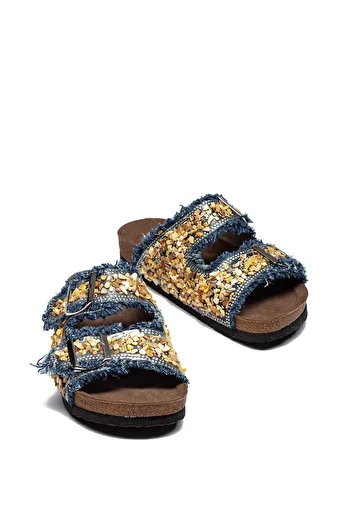 Raynok Women's Double Buckle Denim Leather Stone Comfortable Fit Orthopedic Slippers Navy Blue