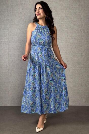 Mossta Rochie lungă fără mâneci cu model și cu legătură în talie - Albastru