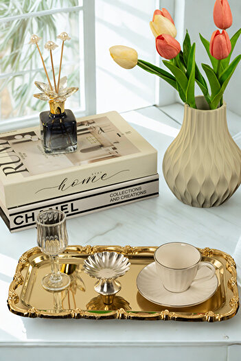 Yaren Style Gold Rose Detailed Framed Presentation Tray |   33X18 cm Stainless Steel Luxury Coffee Tray