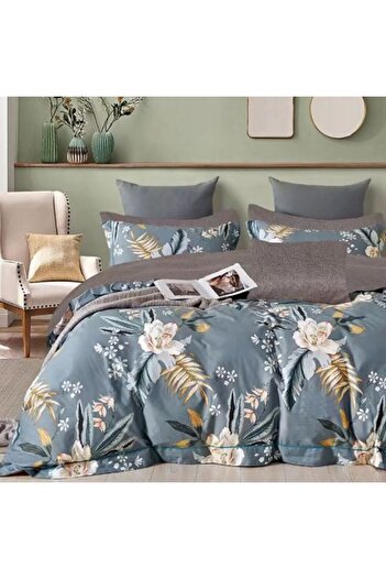 Ralex Double Bed Linen Percale Printed Cotton 100%, 4 Pieces, Beige / Blue, Pucioasa
