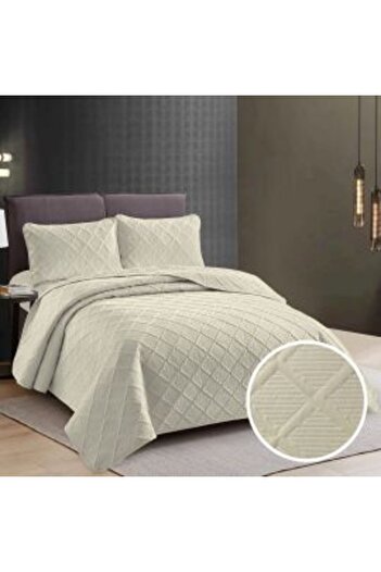 Ralex Quilted Bedspread UNI 230 x 250 cm with 2 Pillowcases 50 x 70 cm, Diamond Pattern, Light Cream
