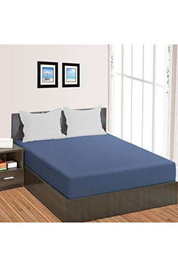 HomePuls Cearsaf de pat cu elastic Damasc Policoton dunga 1 cm, 190 x 250 cm pentru saltea 140 x 200 cm, Bleu