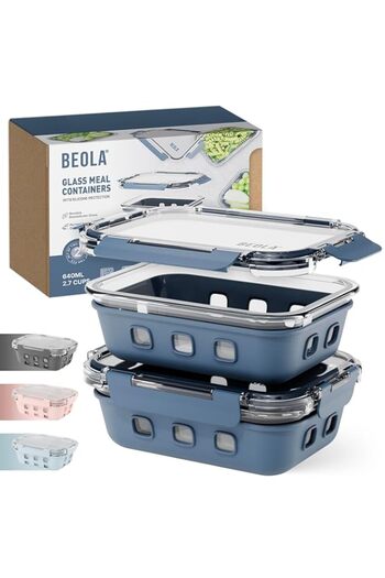 Generic BEOLA Set of 2 Glass Food Storage Containers, Lunch Box, with Airtight Lids and Silicone Protection