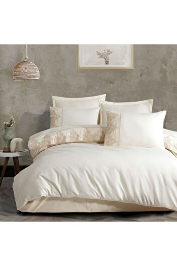 Clasy Ranforce Boutique Cotton Double Bed Linen 4 Pieces, Cream ORSELA V 2