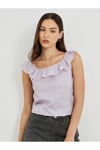 Styli Striped Ruffled Neckline Sleeveless Top