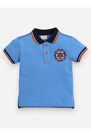 Victor and Jane By Styli Boys Blue Embroidered Detail Short Sleeve Polo T-Shirt