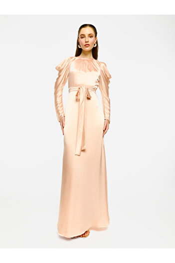 House of Moda By Styli Pleated Neckline Cold Shoulder Tie-Up Waist Maxi Dress